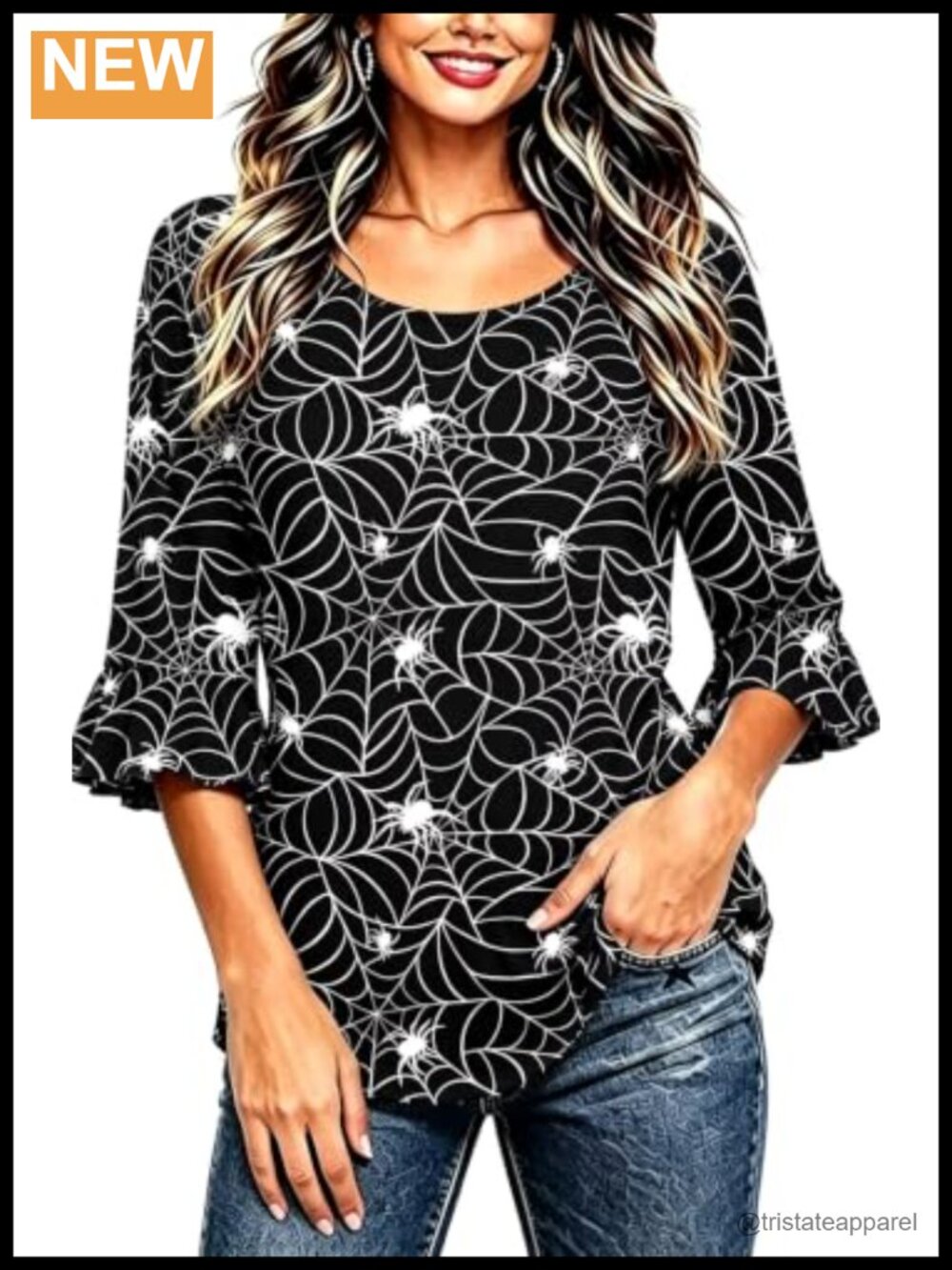 Halloween Spider Web Blouse 3/4 Ruffle Sleeve Womens Fall Tunic Top